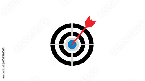 Business target with red arrow hitting the bullseye, representing goal achievement and focus on an isolated white background.