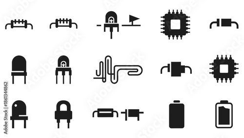 Black silhouette electronic components icon set including LED, resistors, circuit, processor, and battery on an isolated white background.
