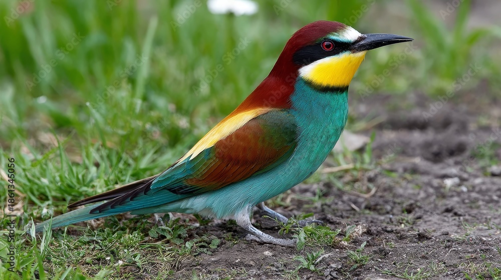 Obraz premium European bee eater bird standing on green grass