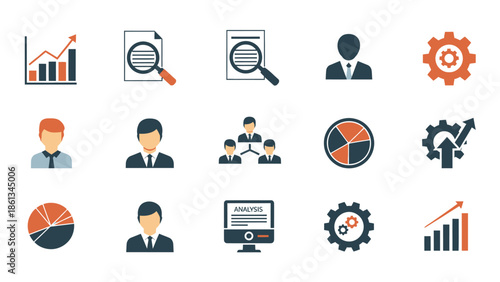 Set of business management and analysis icons including charts magnifying glass people and gear on isolated white background, Corporate strategy and teamwork symbols.