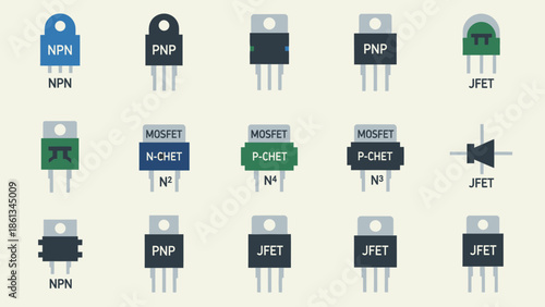 Set of various semiconductor components and transistors including NPN PNP MOSFET JFET on light beige background, Electronic circuit board elements.