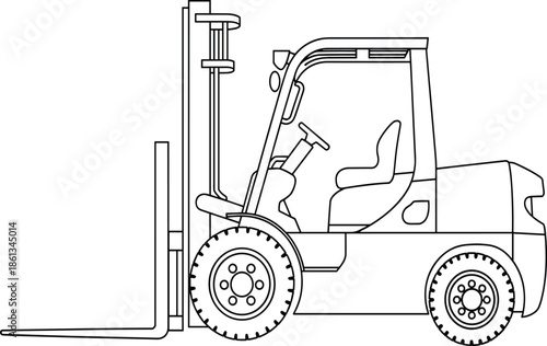 Black and white forklift vector side view outline with industrial warehouse loader and heavy lifting equipment design
