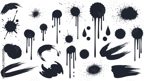 Set of black ink splashes paint drips and grunge textures on isolated white background, Dynamic artistic design elements, Dark expressive painting patterns.
