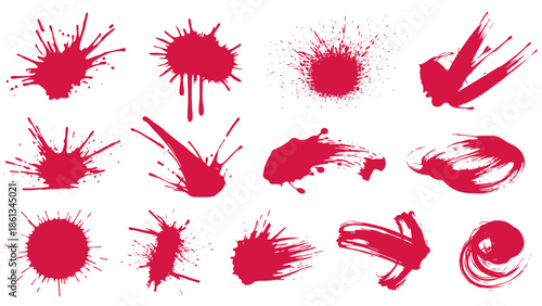 Set of red ink splashes paint splatters and grunge textures on isolated white background, Dynamic artistic design elements, Vibrant expressive painting patterns.