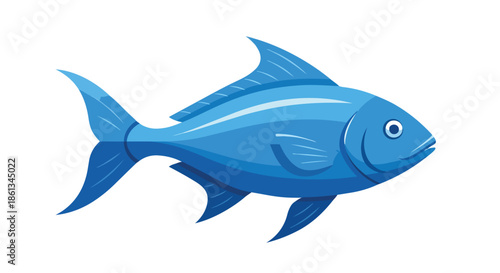 Vibrant blue cartoon fish swimming gracefully across a pristine white background, a captivating aquatic creature illustration perfect for various