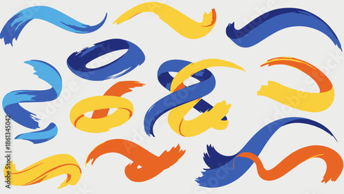 Set of colorful abstract brush strokes and paint smears in blue yellow orange on light gray background, Dynamic artistic design elements.