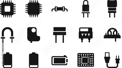 Set of electronic components and digital device silhouettes on isolated white background, Collection of computer hardware icons, Technology and IT parts symbols.