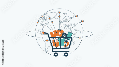 Global online shopping cart with worldwide network connections on light blue background, E-commerce concept with map and delivery.