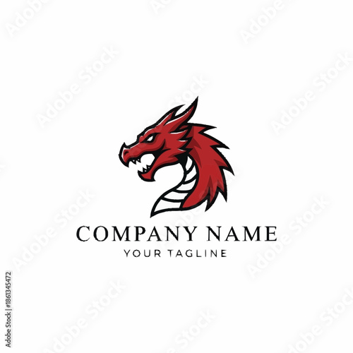 Fierce red dragon head logo design with sharp teeth and scales.