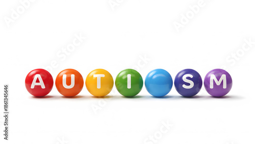 Autism awareness text on colorful toy balls isolated on white background, concept of childhood development, neurodiversity and educational support
