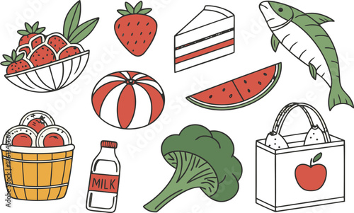 Vector illustration set of fresh vegetables and sweet healthy fruits featuring cartoon icons of tomato apple juice and jam jars for breakfast food design