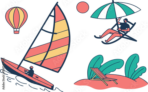 Vector illustration of a windsurfer on the beach and sea with a sailing boat and catamaran on the summer ocean water for vacation sports and windsurfing recreation