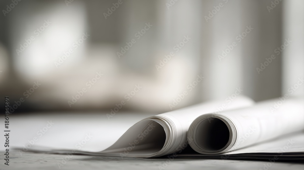 Fototapeta premium Architect rolls and architectural plan with detailed technical project drawings on a clean desk, professional planning and design environment, neutral tones, high realism, commercial stock style