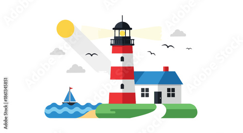 A vibrant flat design illustration of a coastal lighthouse guiding ships under a sunny sky with a quaint cottage nearby