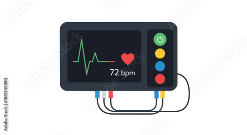 Medical vital signs monitor display, showing a healthy 72 bpm heartbeat and clear ECG wave. Essential for patient health assessment and modern