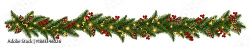 Realistic fir branches decorated with shimmering Christmas garlands and pine cones.
