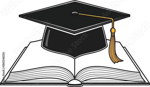 Classic black graduation cap with gold tassel resting upon an open book representing academic achievement and learning