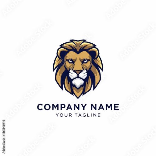 Majestic lion head logo design with golden mane and fierce expression.