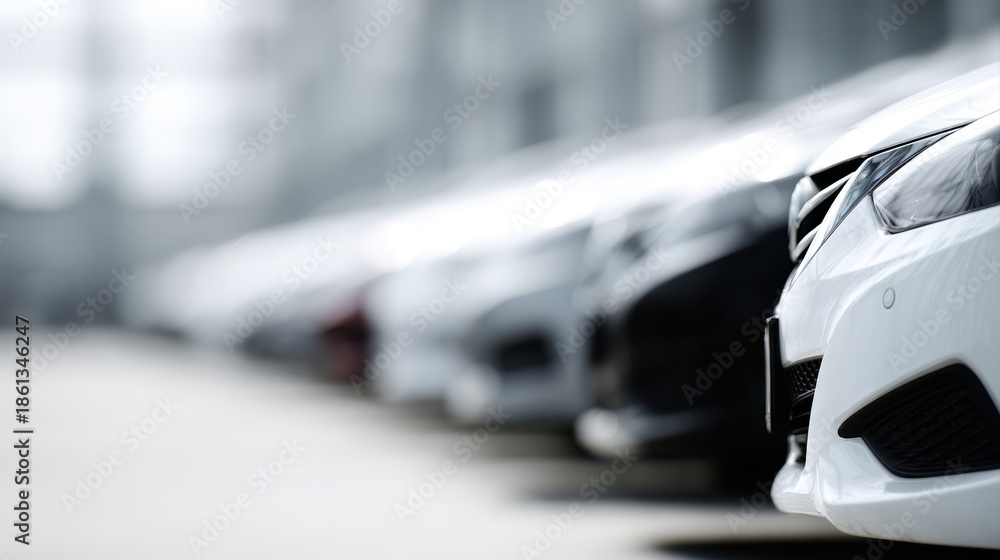 Obraz premium Cars lined up at used car dealership, sunny day, clean commercial automotive background