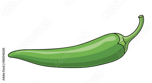 A vibrant cartoon illustration showcasing a solitary green chili pepper with a distinctive curved stem, ideal for culinary and spice-related graphic