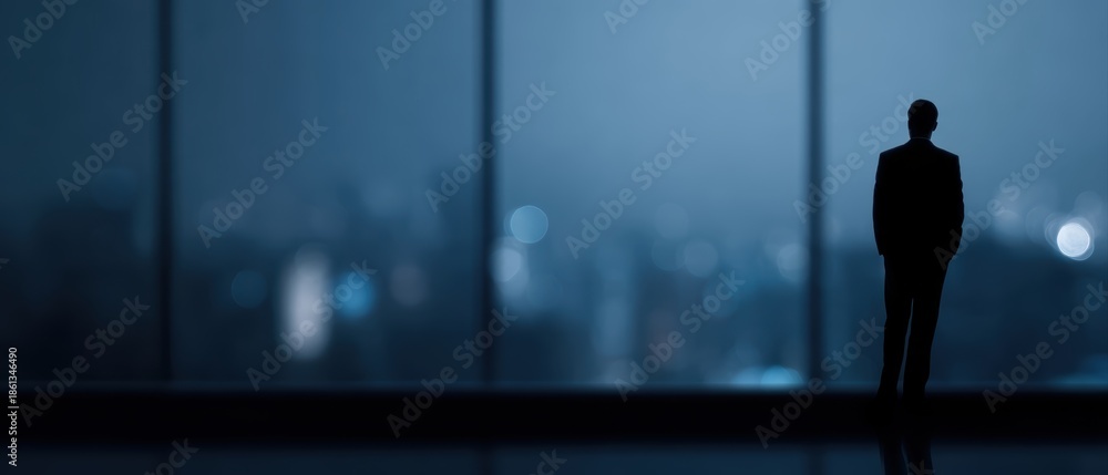 Fototapeta premium Confident business executive standing by floor-to-ceiling window at night city skyline, luxury lifestyle, dark tone, investment success and future vision concept