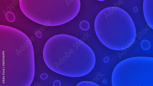 Vibrant gradient background with glowing purple and blue bubbles of various sizes and shapes floating on a dark blue and purple gradient