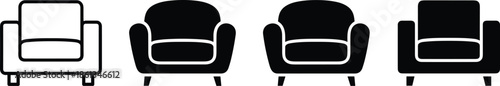 Solid and Outline Vector Icon Set Featuring Comfortable Armchairs and Lounge Seating for Interior Design and Home Retail