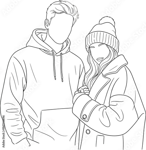 Minimalist black and white line art drawing featuring a stylish couple dressed warmly for cold weather standing together closely