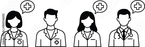 Outline Vector Icon Set Featuring Diverse Male and Female Medical Professionals with Stethoscopes and Medical Speech Bubble Indicators