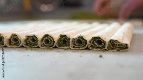 Boiling Traditional Turkish Antep Baklava by Pouring Boiled Syrup Video, Eminonu Istanbul, Turkiye (Turkey)