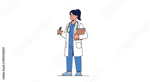 A dedicated female medical professional stands ready to provide expert healthcare, holding essential tools like a pen and patient clipboard to