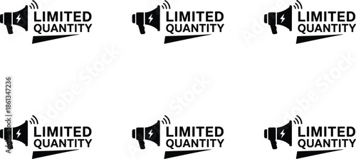 Solid Black Vector Icon Set Featuring Megaphones Paired with Limited Quantity Text for Scarcity Based E-commerce Marketing