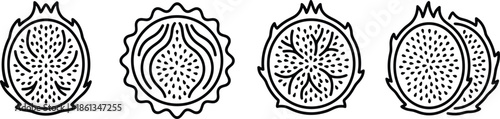 Detailed Outline Vector Icon Set Featuring Cross Sections of Dragon Fruit with Seed Patterns for Exotic Grocery Retail