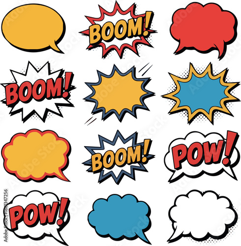 Create Cartoon comic sign burst clouds. Speech bubble, boom sign expression and pop art text frames. Comics mem expressions speech, superhero book bubbles label. Isolated vector symbols set on white B