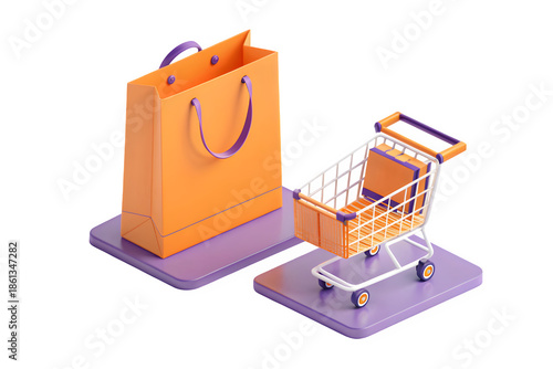 An isometric 3d rendering of an orange shopping bag and a small shopping cart isolated on transparent background