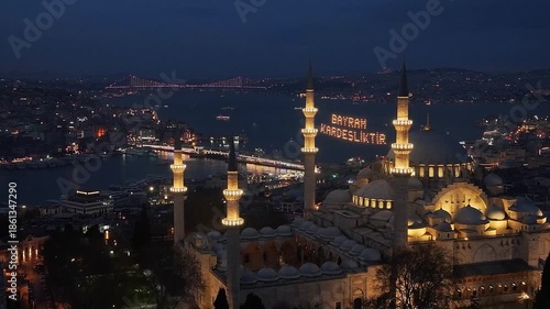 Ramadan Month Background Suleymaniye Mosque, Illuminated Letters Between Minarets (Mahya), Ramadan Background Drone Video, Suleymaniye Fatih, Istanbul Turkiye (Turkey)
