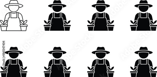 Solid and Outline Vector Icon Set Featuring Professional Gardeners Wearing Wide-Brimmed Hats Tending to Potted Sprouting Plants
