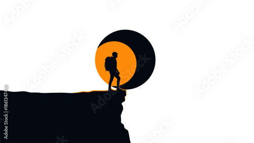 Silhouette of a lone hiker standing on a cliff edge under a crescent moon.