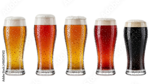 Five Glasses of Beer on Checkered Background