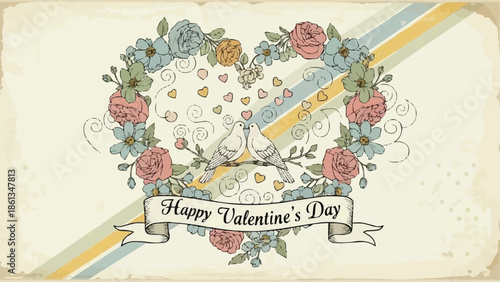 A vintage Valentine's Day card with a heart-shaped floral arrangement and a pair of doves