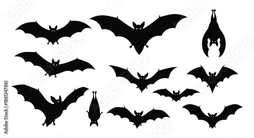 A collection of silhouetted bats in various flying positions against a white background