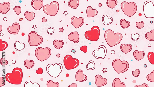A colorful illustration of various sized hearts and shapes on a pink background for Brazilian Carnaval.