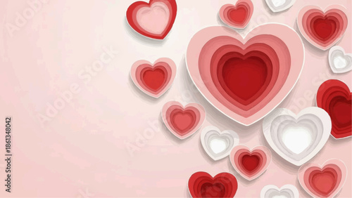 A vibrant digital illustration of layered hearts in various shades of red, pink, and white on a soft pink background.