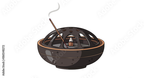 Serene incense ritual featuring a stylized burner emitting wisps of aromatic smoke creating a tranquil atmosphere for deep meditation and mindful