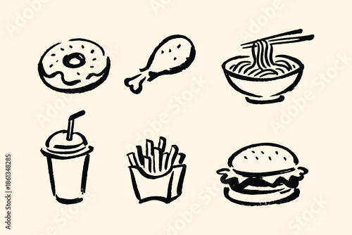 Fast food icons set ink sketch vector illustration