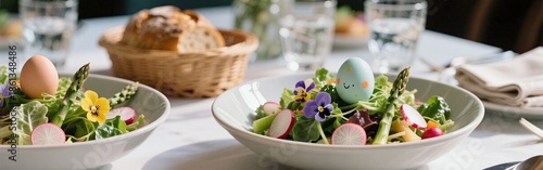 Vibrant spring salad with decorative eggs and edible flowers