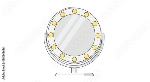 A beautifully illuminated circular vanity mirror standing on its elegant base, perfect for professional makeup applications and personal grooming