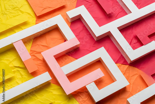 Vibrant colorful maze with white lines on crumpled paper background