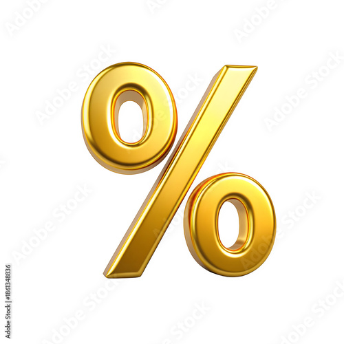Gold color percentage sign with no background, metalic 3d gold percent sign on transparent background 