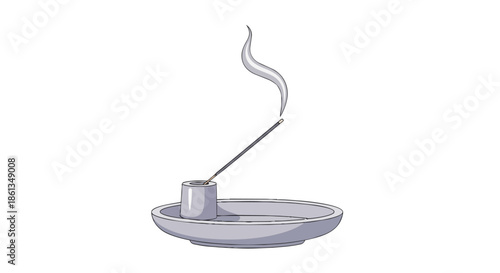 A serene illustration depicting an incense stick gently burning in a simple ceramic holder, releasing fragrant smoke, promoting peace and tranquility